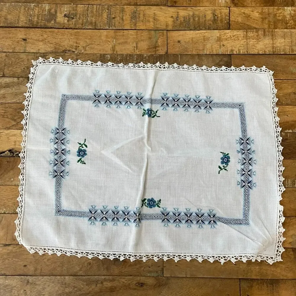 White Cotton Napkin Set (4) Handmade Blue Cross-Stitch Floral Crochet Border
